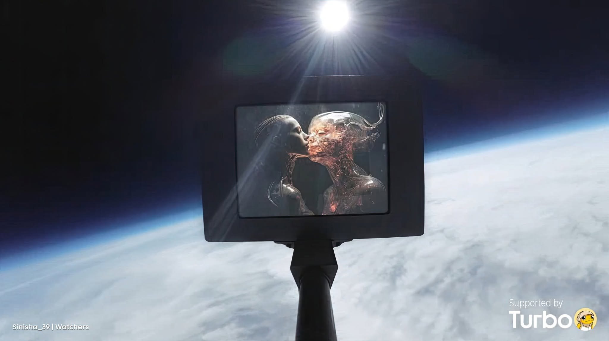 Watchers shown on a screen carried by a weather balloon, with the curve of the Earth and the sun behind it